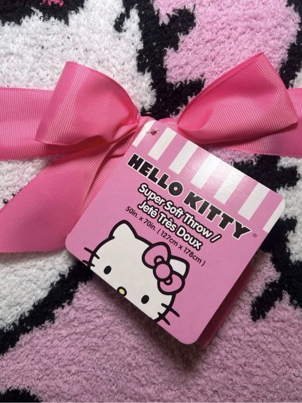 Hello Kitty Pink Black Plush Throw with Bow Accent